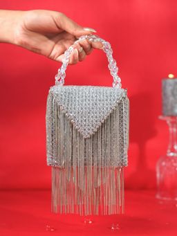 House Of Kosha - Natali Silver Embellished Clutch with Detachable Sling Chain
