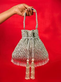 House Of Kosha - Sitara Silver Suede Sequin Embellished Potli with Detachable Strap