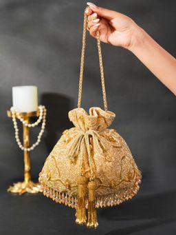 House Of Kosha - Sunheri Gold Georgette Embellished Potli with Detachable Sling Chain