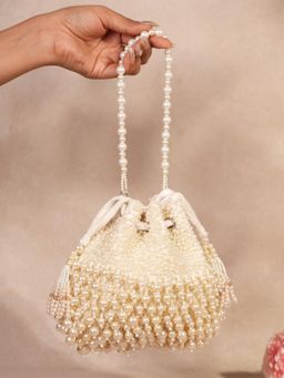 House Of Kosha - Zeba Ivory Suede Pearl Embellished Potli with Detachable Sling Chain