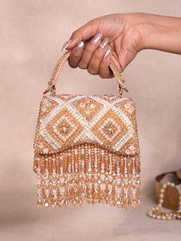 House Of Kosha - Elara Gold Pastel Suede Embellished Clutch with Detachable Sling Chain