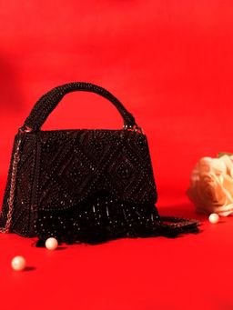 House Of Kosha - Elara Black Suede Embellished Clutch with Detachable Sling Chain