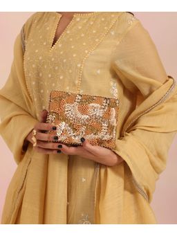 House Of Kosha - Amna Gold Suede Embellished Clutch with Detachable Strap