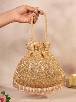 House Of Kosha - Sitara Gold Suede Sequin Embellished Potli with Detachable Strap