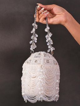 House Of Kosha - Evara Silver Georgette Embellished Potli with Detachable Strap