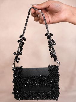House Of Kosha - Elana Black Suede Crystal Embellished Clutch with Detachable Sling Chain