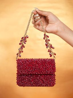 House Of Kosha - Kiyara Maroon Suede Crystal Embellished Clutch with Detachable Sling Chain