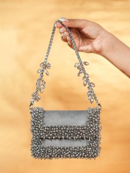 House Of Kosha - Elana Grey Suede Crystal Embellished Clutch with Detachable Sling Chain