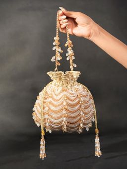 House Of Kosha - Gulzar Gold Georgette Embellished Potli with Detachable Sling Chain