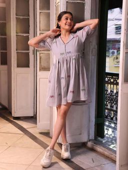 Sutra Art of Clothing - Grey Safari Cotton Jamdani Dress