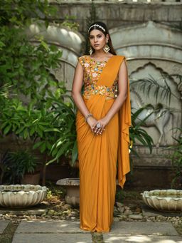Odette - Mustard Lycra Designer Saree with Unstitched Blouse