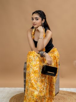 Hella Fashions - Yellow Crepe ELPP Saree with Unstitched Blouse