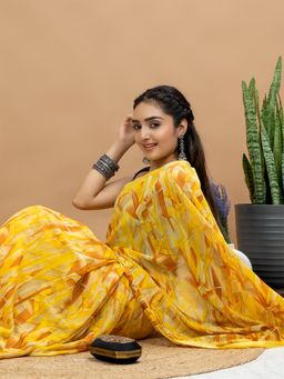 Hella Fashions - Yellow Crepe ELPP Saree with Unstitched Blouse