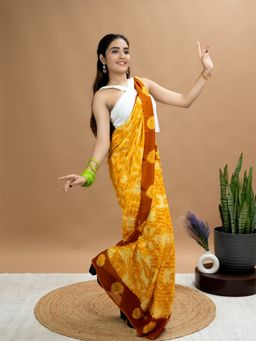 Hella Fashions - Yellow Crepe ELPP Saree with Unstitched Blouse