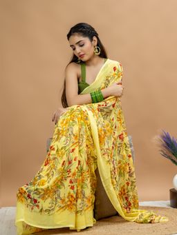 Hella Fashions - Yellow Crepe ELPP Saree with Unstitched Blouse