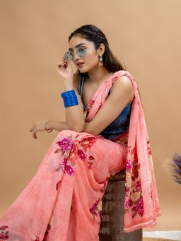 Hella Fashions - Pink Crepe ELPP Saree with Unstitched Blouse