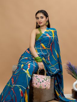 Hella Fashions - Teal Crepe ELPP Saree with Unstitched Blouse