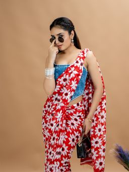 Hella Fashions - Red Crepe ELPP Saree with Unstitched Blouse