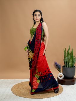Hella Fashions - Red Crepe ELPP Saree with Unstitched Blouse