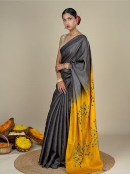 Ushvii - Kalpavruksha Mustard Hand Embroidery Applique Saree with Unstitched Blouse