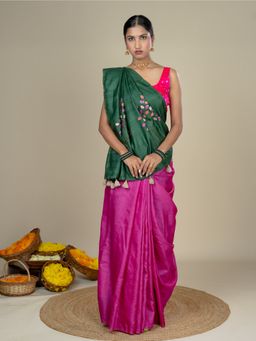 Ushvii - Kalpavruksha Pink Hand Embroidery Applique Saree with Unstitched Blouse