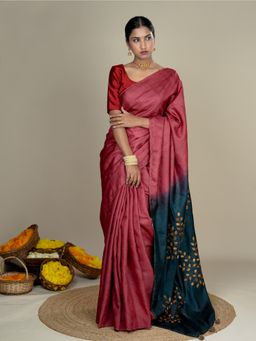 Ushvii - Kalpavruksha Navy Blue Hand Embroidery Applique Saree with Unstitched Blouse