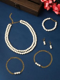 VIRAASI - Gold-Plated White Pearl Beaded Jewellery Set with Anklet