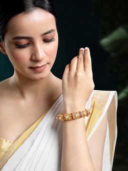 Peora - Gold Plated Stone and Pearl Studded Openable Bangle for Women