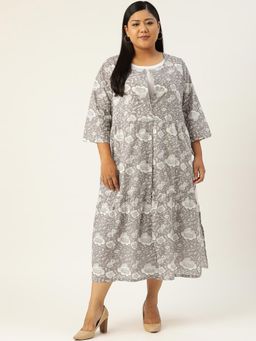 theRebelinme - Plus Size Womens Grey & White Floral Print Layered A-Line Midi Dress