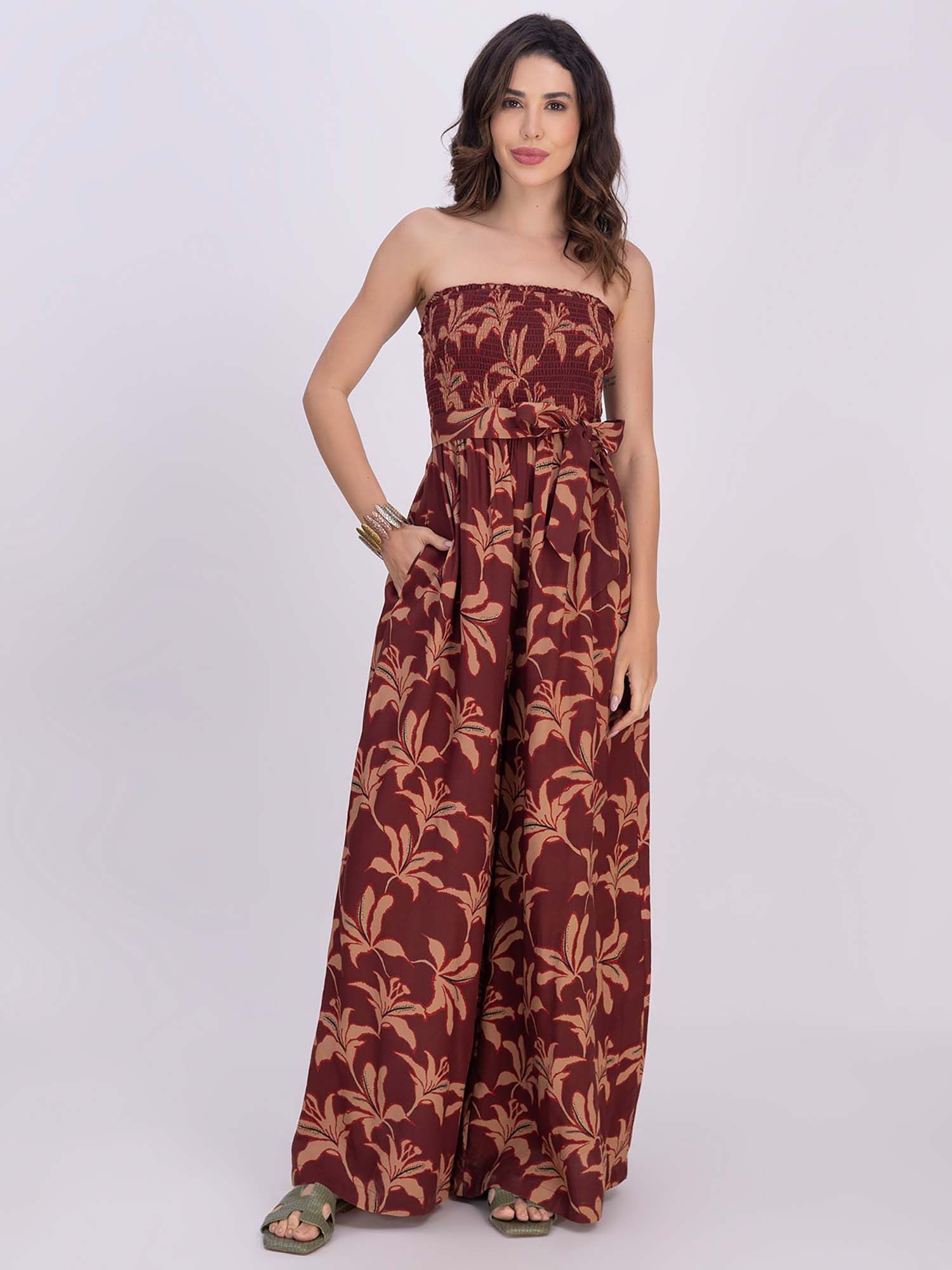 moomaya Red Women's Tube Neck Printed Rayon Jumpsuit Sleeveless with Belt and Pockets-picture-13