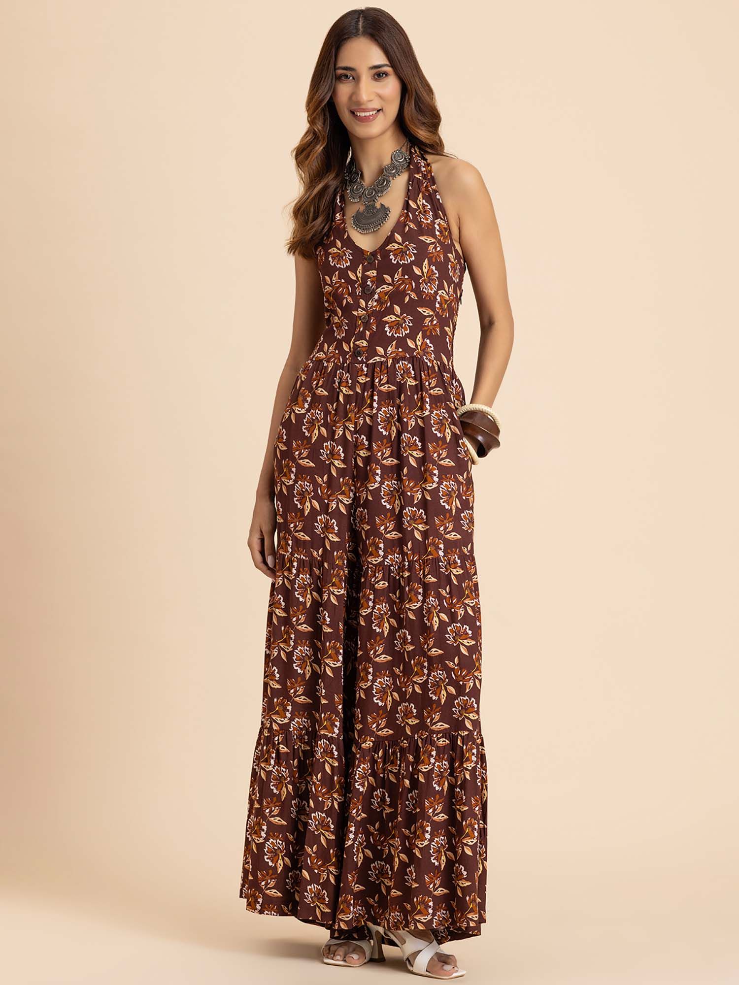 moomaya Brown Printed Jumpsuit for Women Viscose Rayon Halter Neck Jumpsuit-picture-25