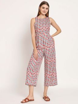 Moomaya - Multi-Color Women's Printed Round Neck Sleeveless Straight Leg Jumpsuits