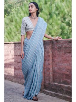 Dressfolk - Blue handwoven saree with silver zari and beautiful stripes.