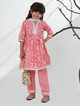 AJ Dezines - Pink Cotton Floral Print with Lace Kurta with Pant & Dupatta