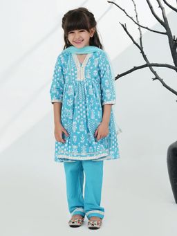 AJ Dezines - Blue Cotton Floral Print with Lace Kurta with Pant & Dupatta