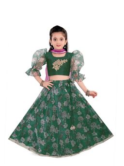 Pragya Exclusive - Floral Bottle Green Top with Lehenga & Dupatta (Set of 3)