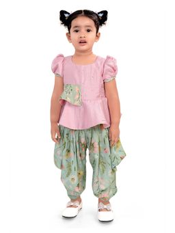 Pragya Exclusive - Baby Pink Layered Peplum Top with Printed Dhoti Pant (Set of 2)