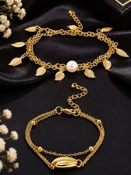 OOMPH - Gold Tone Multi Layer Sea Shell Leaf Pearls Anklets (Pack of 2)