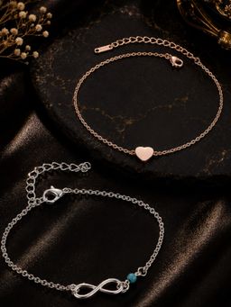 OOMPH - Gold and Silver Tone Heart with Turquoise Bead Anklets (Pack of 2)