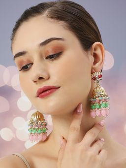 OOMPH - Pink and Mint Green Meenakari Jadau Jhumka Earrings