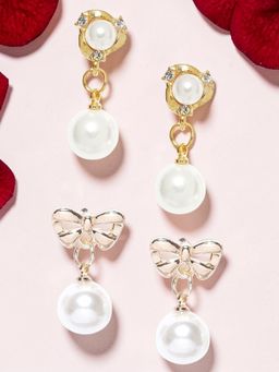 OOMPH - Gold Tone White Pearl Office-Wear Delicate Earrings (Pack of 2)