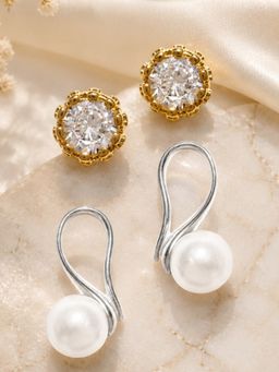 OOMPH - Pearl and Crown Cubic Zirconia Earrings (Pack of 2)