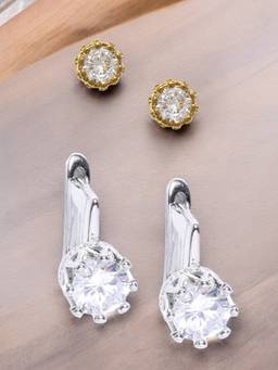 OOMPH - Fabula Combo of 2 Anti Tarnish Crown Cubic Zirconia Small Stud & Drop Earrings