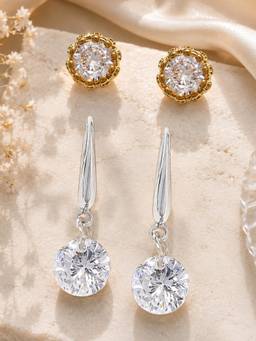 OOMPH - Gold and Silver Tone Crown Design Cubic Zirconia Earrings (Pack of 2)