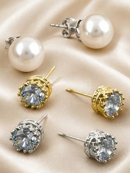 OOMPH - Silver-Gold Crown Zirconia White Pearl Stud Earrings (Pack of 3)