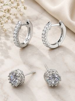 OOMPH - Silver Tone Cubic Zirconia Small Earrings (Pack of 2)