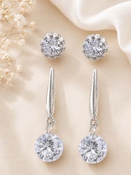 OOMPH - Delicate Crown Design Silver Tone Cubic Zirconia Earrings (Pack of 2)