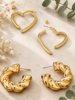 OOMPH - Gold Half Twisted and Heart Shape Hoop Earrings (Pack od 2)