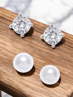 OOMPH - Silver Solitaire Cubic Zirconia and Pearl Round Stud Earrings (Pack of 2)