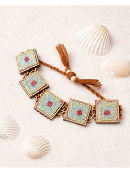 WHE - Kantha Columbia Blue Repurposed Silk Fabric and Wood Bracelet